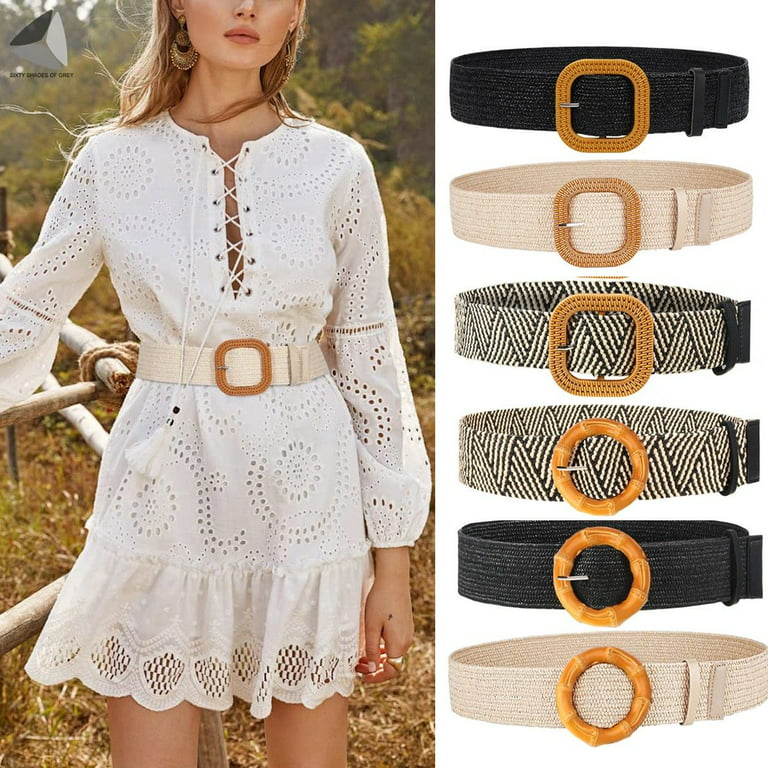 PULLIMORE 3 Pcs Womens Straw Woven Elastic Belt Round & Square Buckle  Vintage Boho Dress Braided Belts (3 Colors)