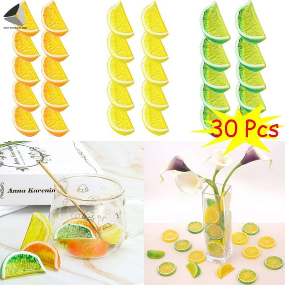 PULLIMORE 30 Pcs Artificial Lemon Slices Plastic Limes Orange Slice Blocks Simulation Fake Lemon Slices Home Decor (Green + Yellow + Yellow)