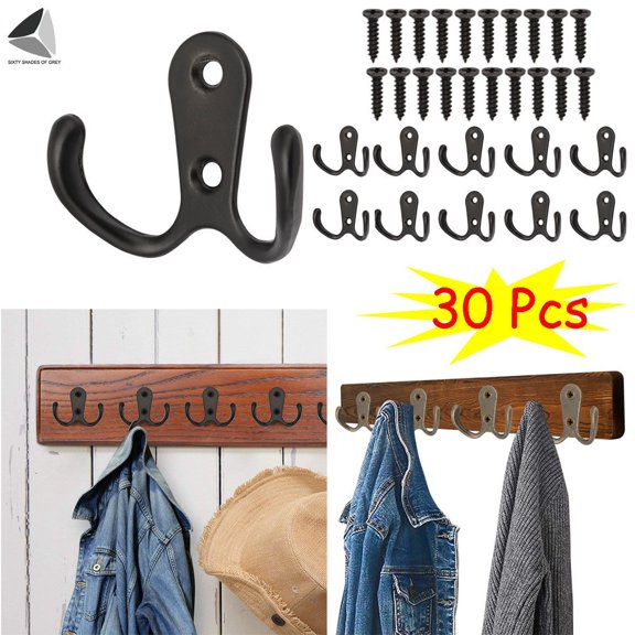 PULLIMORE 30 Pcs Metal Wall Mounted Coat Hooks Double Hanger Hooks with 60 Pieces Screws Home Decor (Black)
