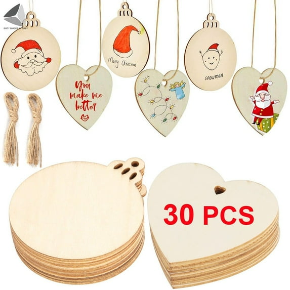 PULLIMORE 30pcs Heart Shape Wooden Discs with Holes, 3.5" Unfinished Predrilled Natural Wood Slices for Crafts Centerpieces, Wooden DIY Christmas Ornaments Hanging Decorations (Heart Shape)