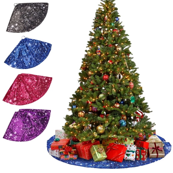 PULLIMORE 35 Inch Tree Skirt Sequin Tree Skirt Christmas Tree Cover Mat for Christmas Holiday Party Decorations (Black)