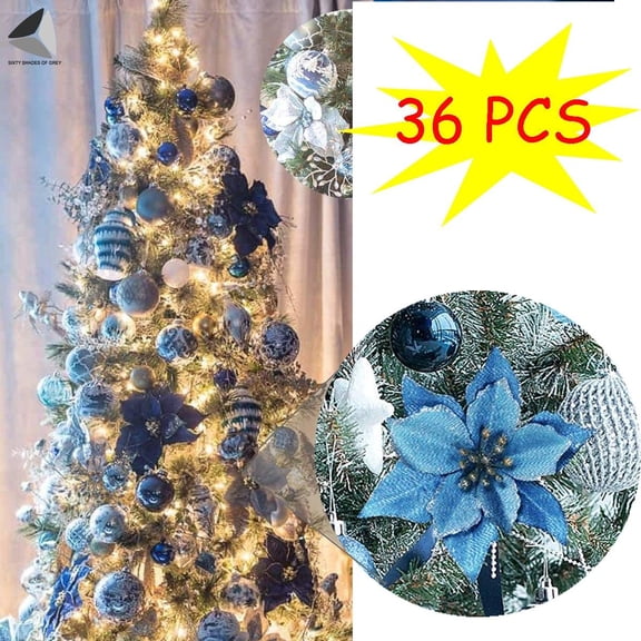 PULLIMORE 36 Pcs Artificial Christmas Poinsettia Flowers Glitter Tree Hanging Xmas Party Tree Decoration (Blue)