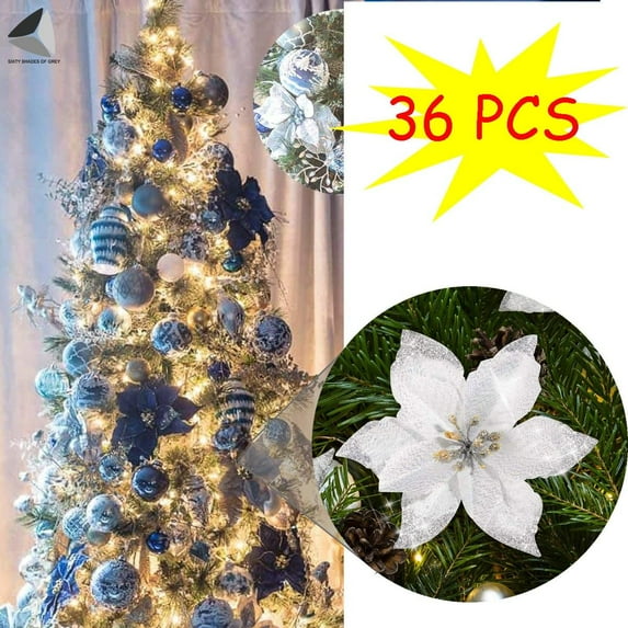 PULLIMORE 36 Pcs Artificial Christmas Poinsettia Flowers Glitter Tree Hanging Xmas Party Tree Decoration (Silver)