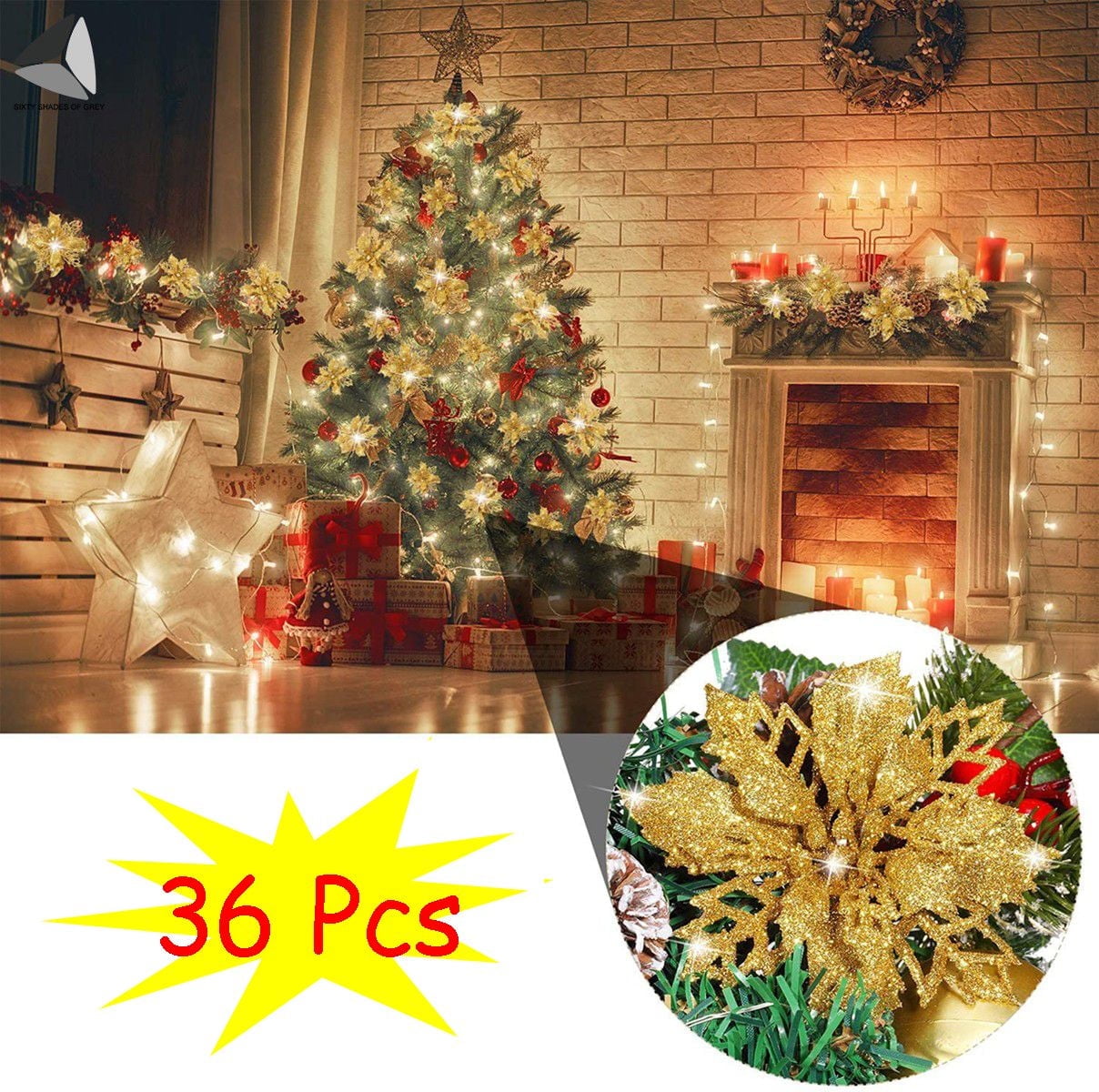 PULLIMORE 36 Pcs Poinsettia Artificial Christmas Flowers Decorations Glitter Xmas Tree Flower Ornaments (Gold)