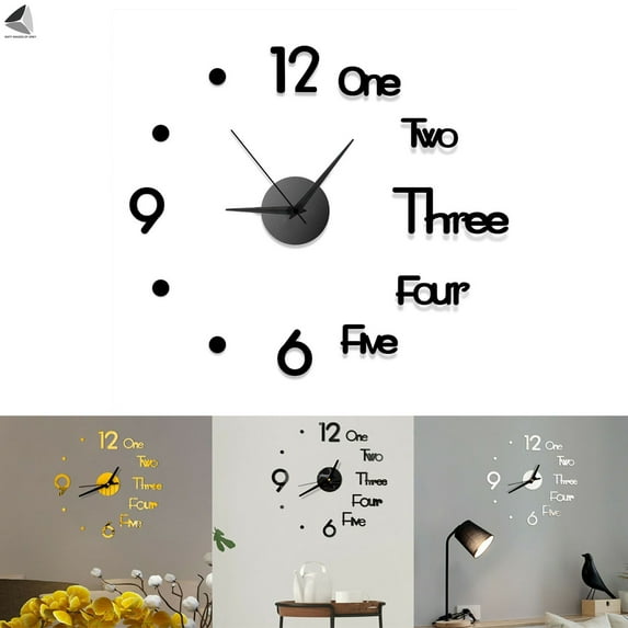 PULLIMORE 3D DIY Wall Clock Stickers Frameless Modern Silent Watch Mirror Surface Wall Decorations for Home Office Living Room Bedroom (Black)