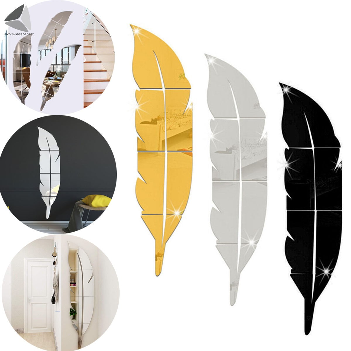 PULLIMORE 3D Mirror Feather Wall Sticker Acrylic SelfAdhesive DIY Wall