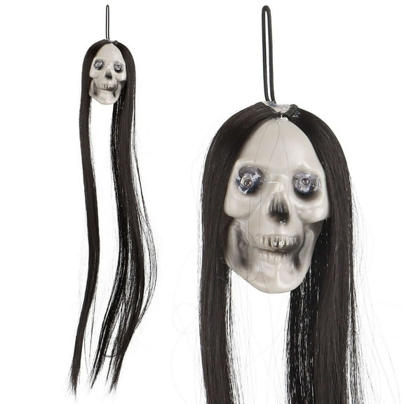 PULLIMORE 3PCS Lighted Halloween Skull Decorations - Battery Powered Hanging Long Haired Skull Head for Haunted Houses Halloween Decor