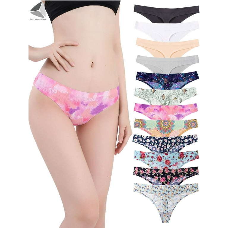 PULLIMORE 4 Packs Seamless Thongs for Women Breathable No Show Panties  Floral Print Thong Underwear (L, Floral Pattern)