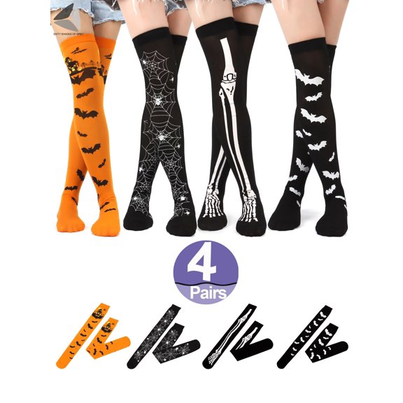 PULLIMORE 4 Pairs Women Halloween High Long Sockings Over Knees Socks, Spider Pumpkin Bat Skeleton Stockings Festival Cosplay Costume (Black Bat)
