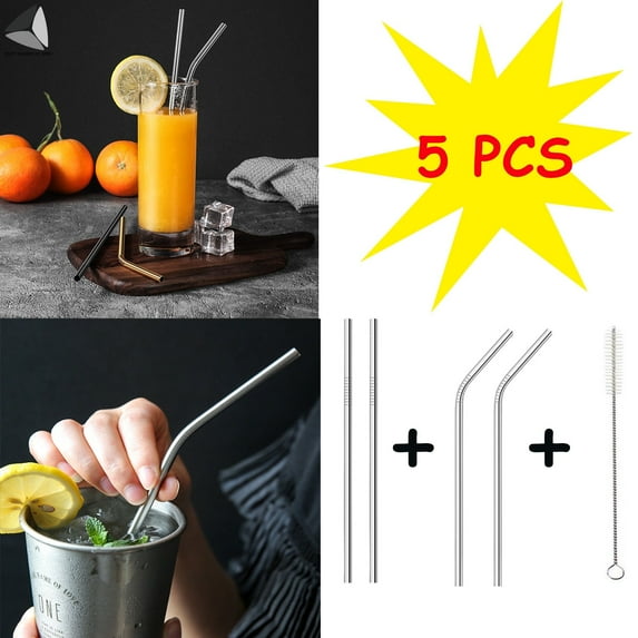 PULLIMORE 5 PCS Stainless Steel Drinking Straws Reusable Straight Bent Metal Straws with Brush Set (Silver, 10.5")