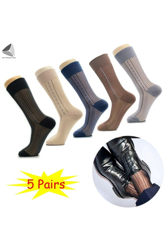 5 Pairs Mens Sheer Dress Socks Business Nylon Silky Striped Socks (5 Colors)