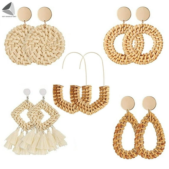 PULLIMORE 5 Pairs Womens Fashion Rattan Earrings Handmade Straw Boho Earrings Dangle Geometric Statement Earrings