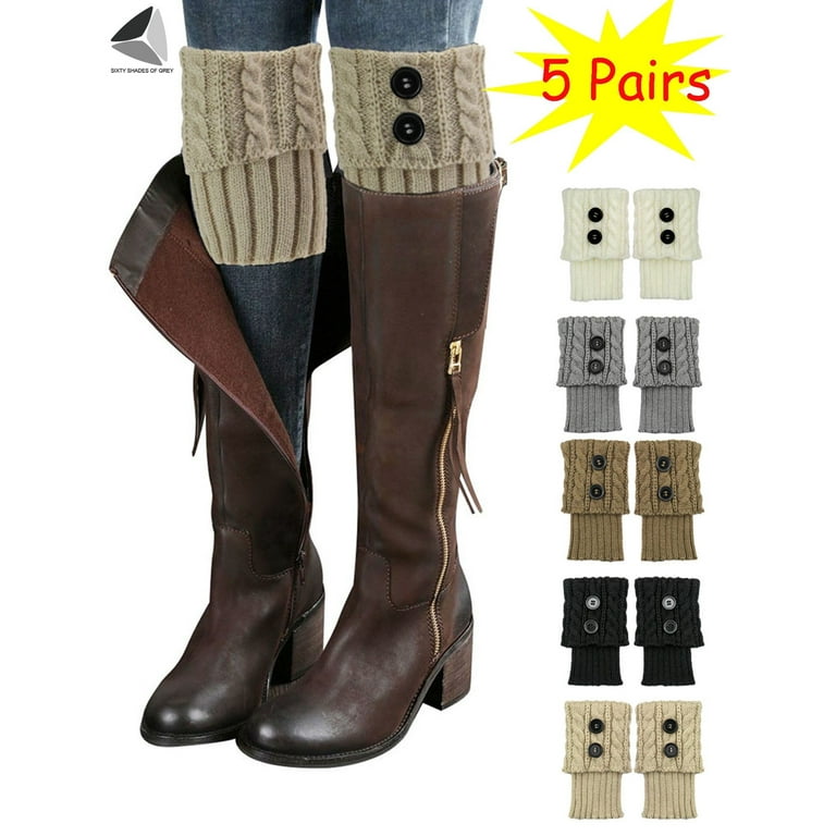 PULLIMORE 5 Pairs Womens Knitted Boot Cuffs Socks Winter Warm Crochet Button Leg Warmer Short 5 Colors