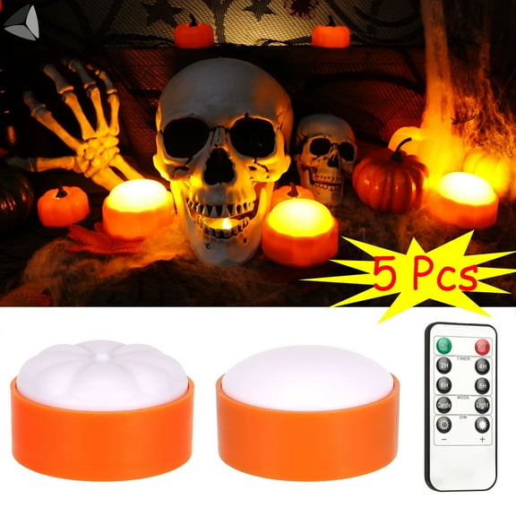 PULLIMORE 5 Pcs Halloween LED Pumpkin Lights with Remote and Timer, Battery Operated Orange Lantern Lights, Warm White