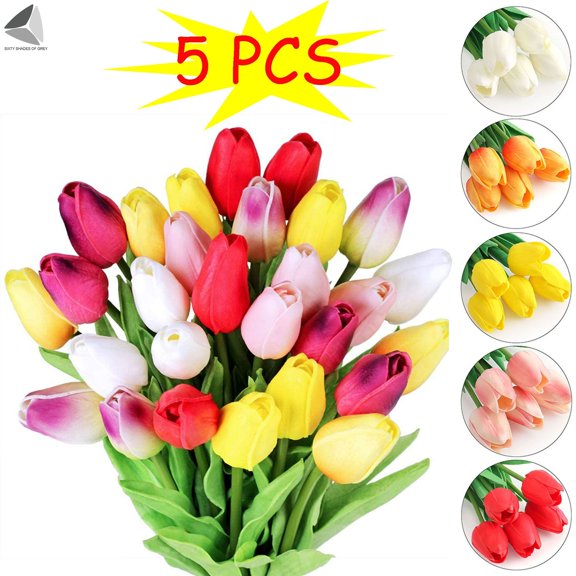 PULLIMORE 5 Pcs Tulips Artificial Flowers Real Touch Faux Tulip for Easter Spring Wreath Wedding Bouquet Table Decor (Red)