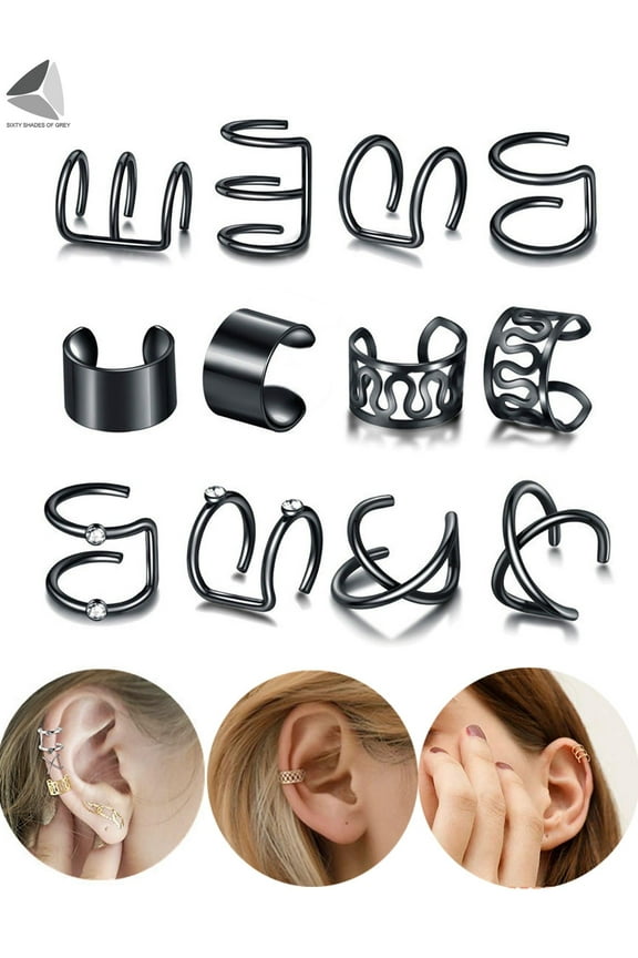 6 Pairs Ear Cuff Clip Set Stainless Steel Fake Cartilage Earring No Piercing Earcuff (Black)