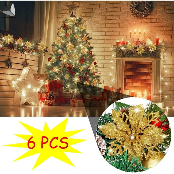 PULLIMORE 6 Pcs Poinsettia Artificial Christmas Flowers Decorations Glitter Xmas Tree Flower Ornaments (Gold)