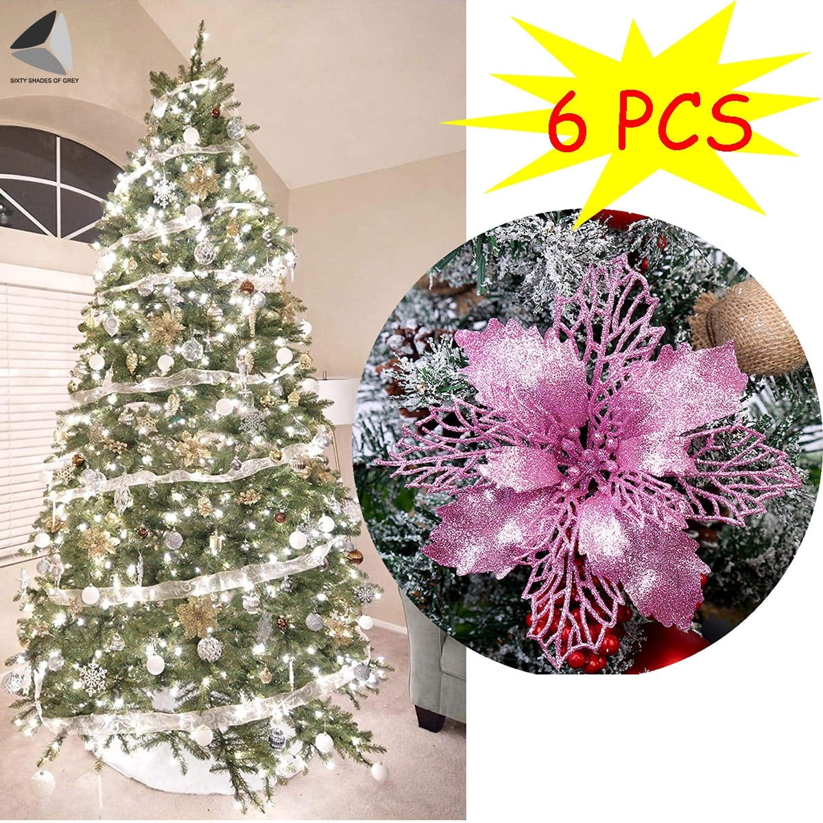 PULLIMORE 6 Pcs Poinsettia Artificial Christmas Flowers Decorations Glitter Xmas Tree Flower Ornaments (Pink)