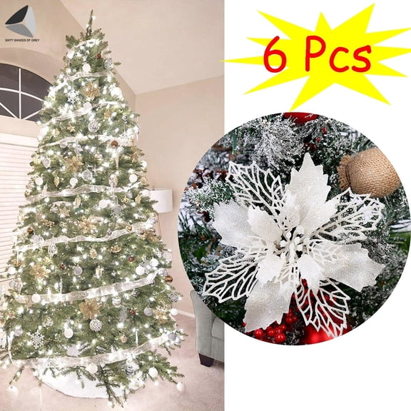 PULLIMORE 6 Pcs Poinsettia Artificial Christmas Flowers Decorations Glitter Xmas Tree Flower Ornaments (White)