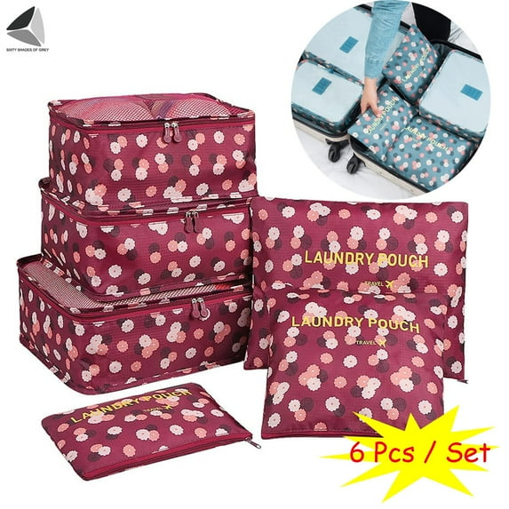 PULLIMORE 6 Pcs Travel Storage Bags Set Waterproof Cube Luggage Organizer Pouch for Clothes Packing Suitcase (Red)