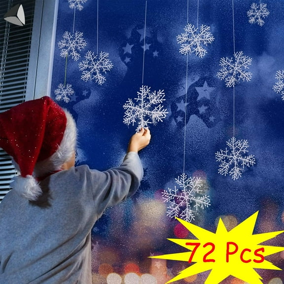 PULLIMORE 72 Pcs Christmas Hanging Snowflake Decorations Winter White Glitter Snowflake Ornaments for Window Xmas Tree Ceiling (2.4 inch)