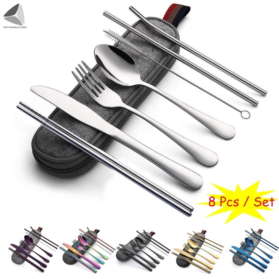 PULLIMORE 8 Pcs Portable Stainless Steel Flatware Set Travel Cutlery Set with Straws & Case (Silver)
