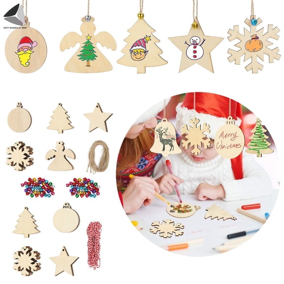 PULLIMORE 80 Pcs DIY Crafts Wooden Christmas Ornaments Unfinished Wood Slices Hanging Decorations for Festive Holiday