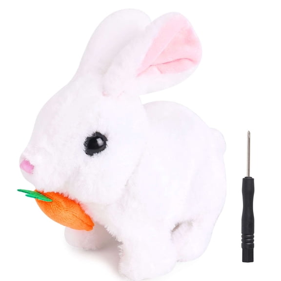 PULLIMORE Battery-Operated Walking Plush Bunny Toy - Hopping with Sounds for Easter Gifts(White)