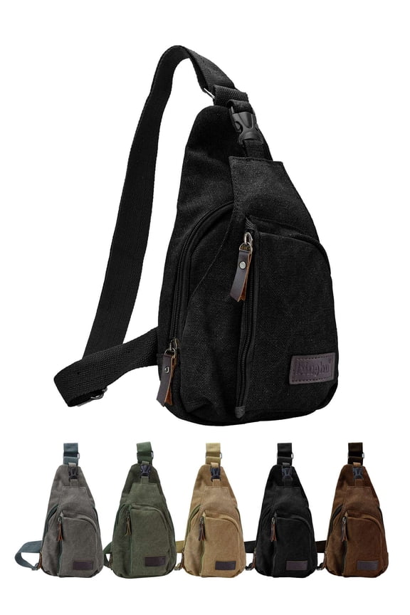 Canvas Sling Bag Chest Pack Casual Lightweight Crossbody Backpack for Travel Hiking Cycling (Black)