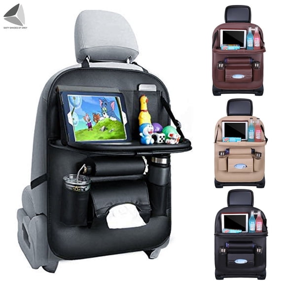 PULLIMORE Car Backseat Organizer with Foldable Tablet Holder, PU Leather Car Storage Protectors Seat Kick Mats Cup Holder Car Universal Use Covers (Brown)