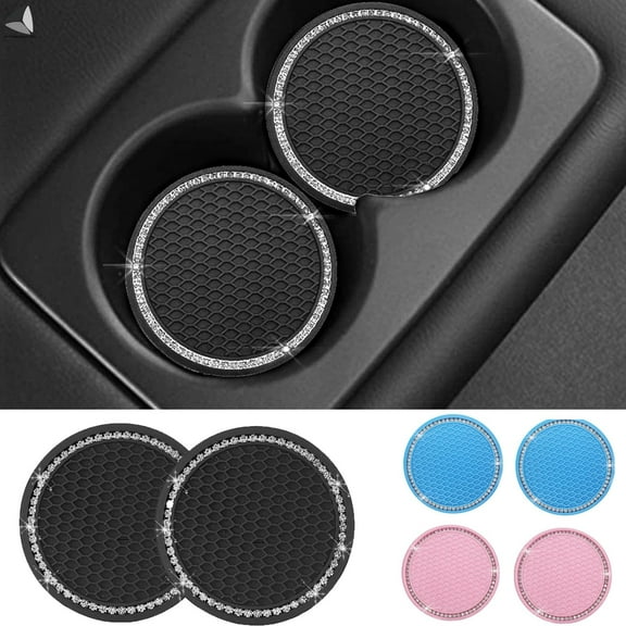 PULLIMORE Car Cup Holder Coaster, 2 Pack Universal Vehicle Bling Cup Holder Insert Coaster Crystal Rhinestone Car Interior Accessories (2.75 inch, Blue)