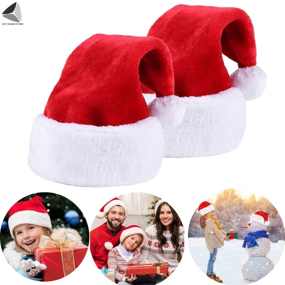 PULLIMORE Christmas Santa Hats Traditional Red and White Plush Santa Hat for Party Festival (2 Pcs, Adult Size)