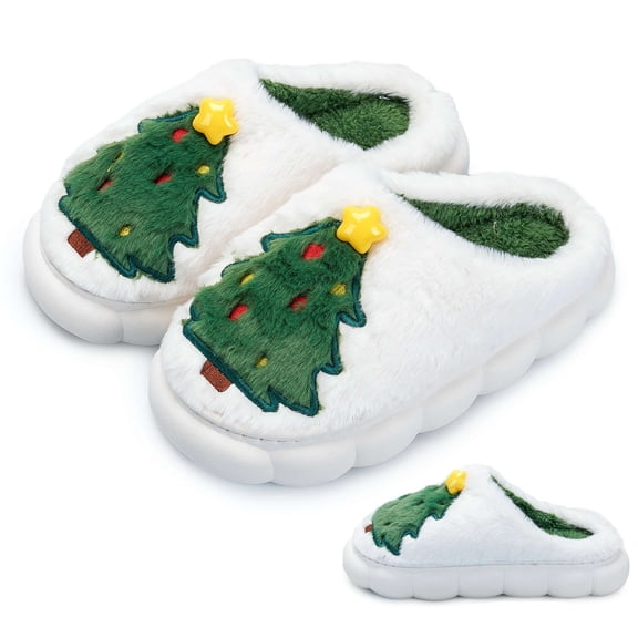 PULLIMORE Christmas Slippers Women Men, Xmas Tree Faux Fur Warm Plush House Slides