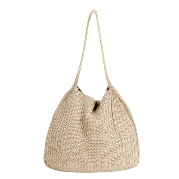 PULLIMORE Crochet Rib Knit Tote Bag - Lightweight & Spacious 13.8", Boho Beach Bag for Women/Men, Gift Ready (Beige)