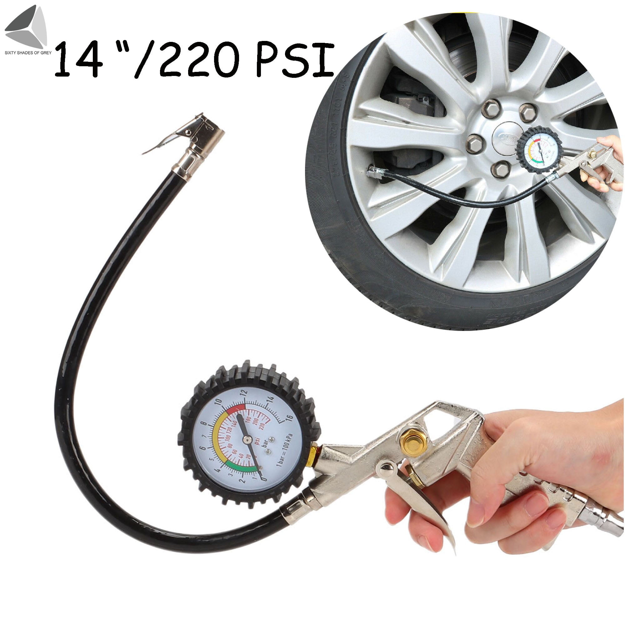 Pneumatic tire sale inflator with gauge