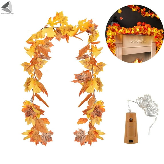 PULLIMORE Fall Maple Leaf Garland with Lights Thanksgiving Christmas Autumn Wedding Decor (5.6 ft, Yellow)