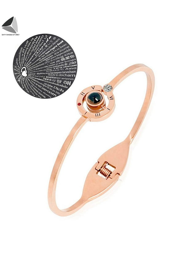 Fashion Projection Bracelets for Women 100 Languages of I Love You Memory Bangle Girlfriend Gift for Valentine's Day Anniversary (Rose Gold)