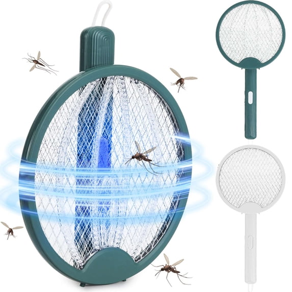 PULLIMORE Foldable Electric Fly Swatter, 2 in 1 Rechargeable Mosquito Swatter, 3000V Powerful Instant Bug Zapper Racket (Green)