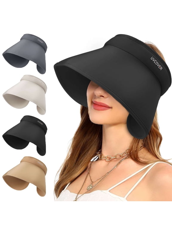 Foldable Sun Visors for Women, Sun Protection Wide Brim Sun Hats Adjustable Topless Beach Hat (Beige)