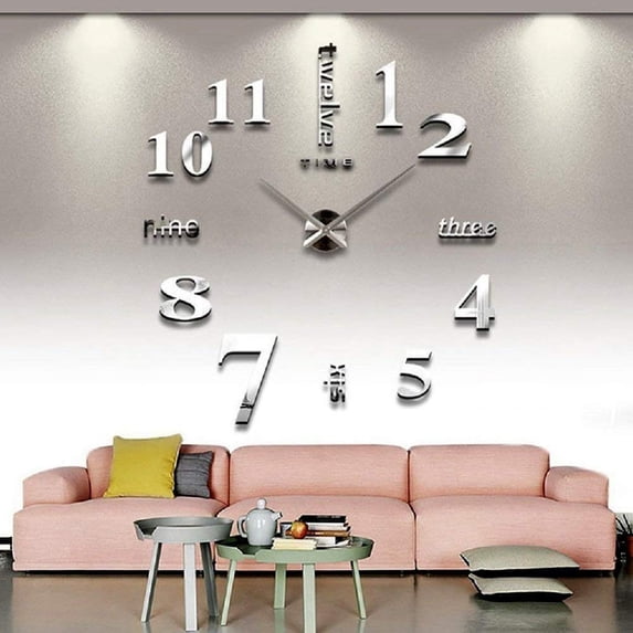 PULLIMORE Frameless DIY Wall Clock Modern Large 3D Mirror Sticker for Living Room Bedroom Office Home Decoration "Silver"