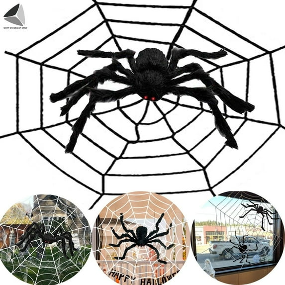 PULLIMORE Halloween 5 ft Giant Hairy Spider with 9.84 ft Round Plush Web Red Eyes Scary Spiders Props Set for Outdoor Yard Party Decoration