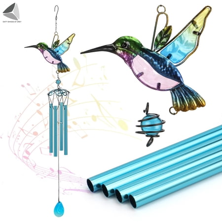 PULLIMORE Hummingbird Wind Chimes Outdoor, 30" Iron Stained Wind Chimes with 4 Aluminum Tuned Tubes +S Hooks, for Home, Indoor, Window, Garden, Yard (Blue Hummingbird)