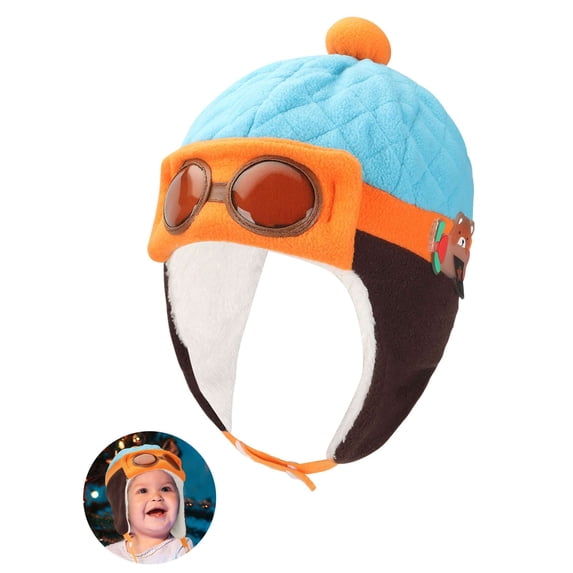 PULLIMORE Kids Pilot Aviator Hats Fleece Earmuffs Beanie Cap Winter Warm Earflap Caps for Toddlers Baby Girls Boys (Blue)