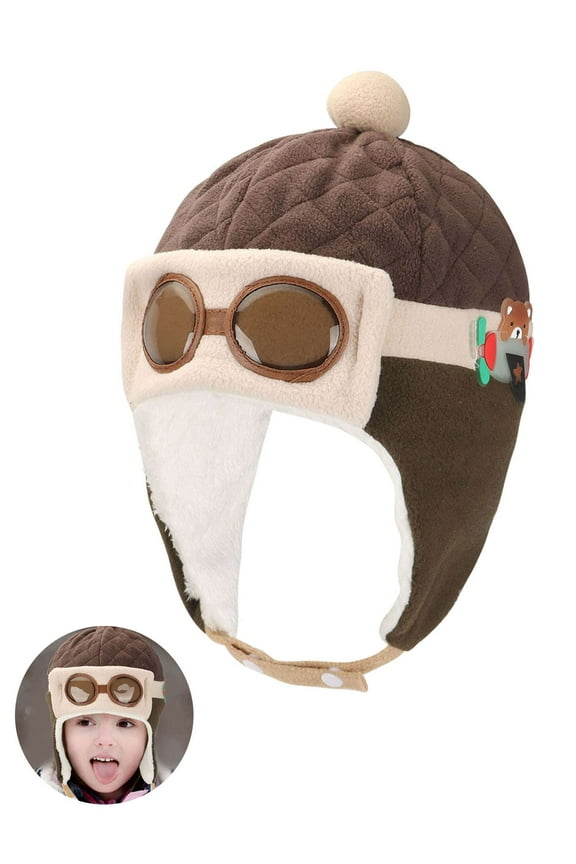 Kids Pilot Aviator Hats Fleece Earmuffs Beanie Cap Winter Warm Earflap Caps for Toddlers Baby Girls Boys (Khaki)