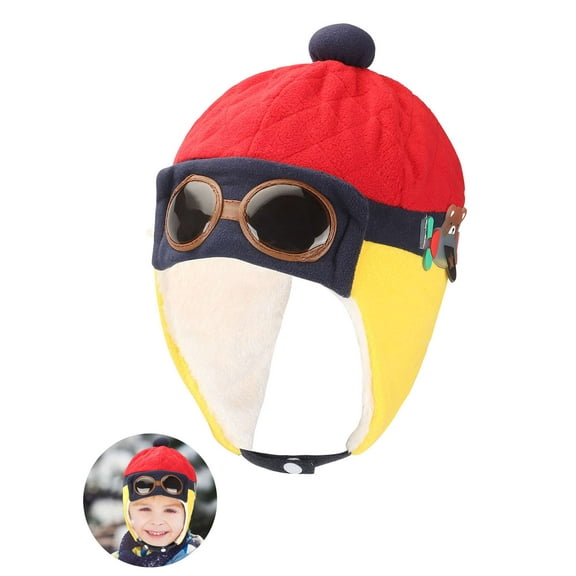 PULLIMORE Kids Pilot Aviator Hats Fleece Earmuffs Beanie Cap Winter Warm Earflap Caps for Toddlers Baby Girls Boys (Red)