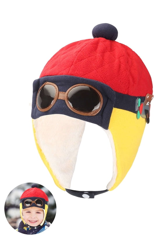 Kids Pilot Aviator Hats Fleece Earmuffs Beanie Cap Winter Warm Earflap Caps for Toddlers Baby Girls Boys (Red)