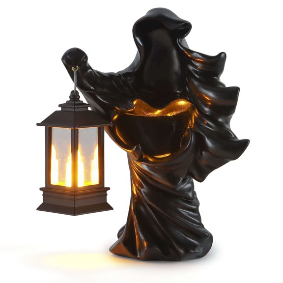 PULLIMORE LED Witch Decor with Lantern - Battery Powered, Resin Halloween Statue(Black)