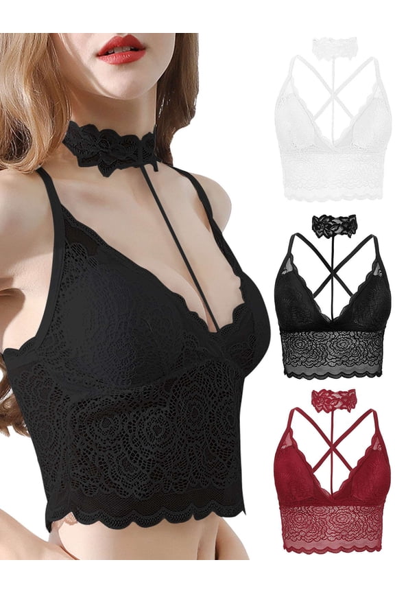 Lace Bralette for Women, Lace Bandeau Bra V Neck Sexy Slim Camisoles with Lacy Choker and Removable Pads (L/XL,Black)