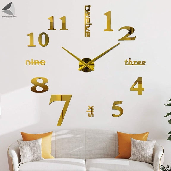 PULLIMORE Large DIY Frameless Wall Clock, Modern 3D Mirror Numbers Wall Clock Sticker Home Decor Art Design (Gold)
