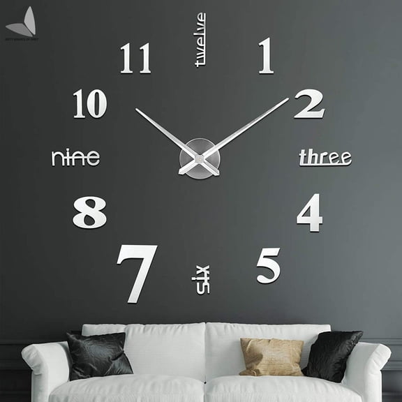 PULLIMORE Large DIY Frameless Wall Clock, Modern 3D Mirror Numbers Wall Clock Sticker Home Decor Art Design (Silver)